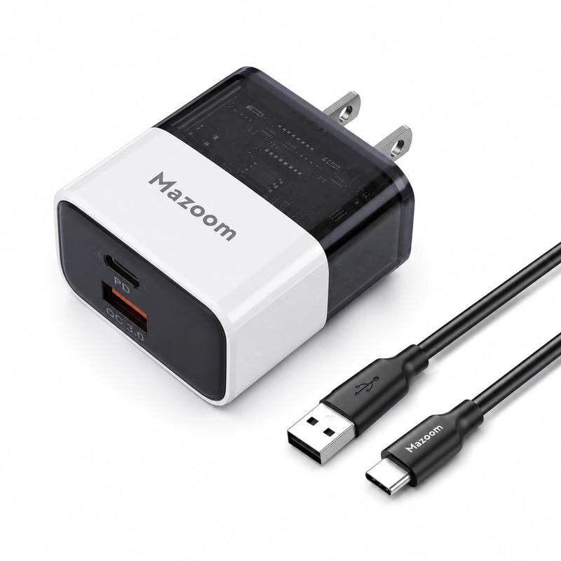 Mazoom 20W PD + QC3.0 Fast Charger With USB to Type-C Cable — Black Edition