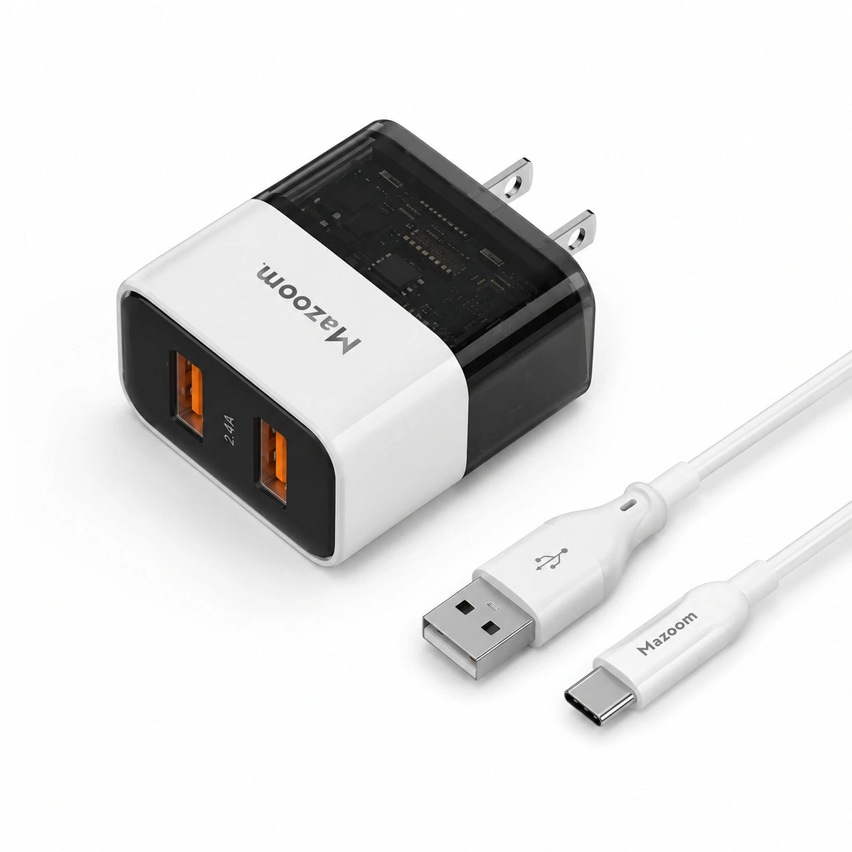 Mazoom Dual USB Port 2.4A Power Adapter With USB to Type-C Cable